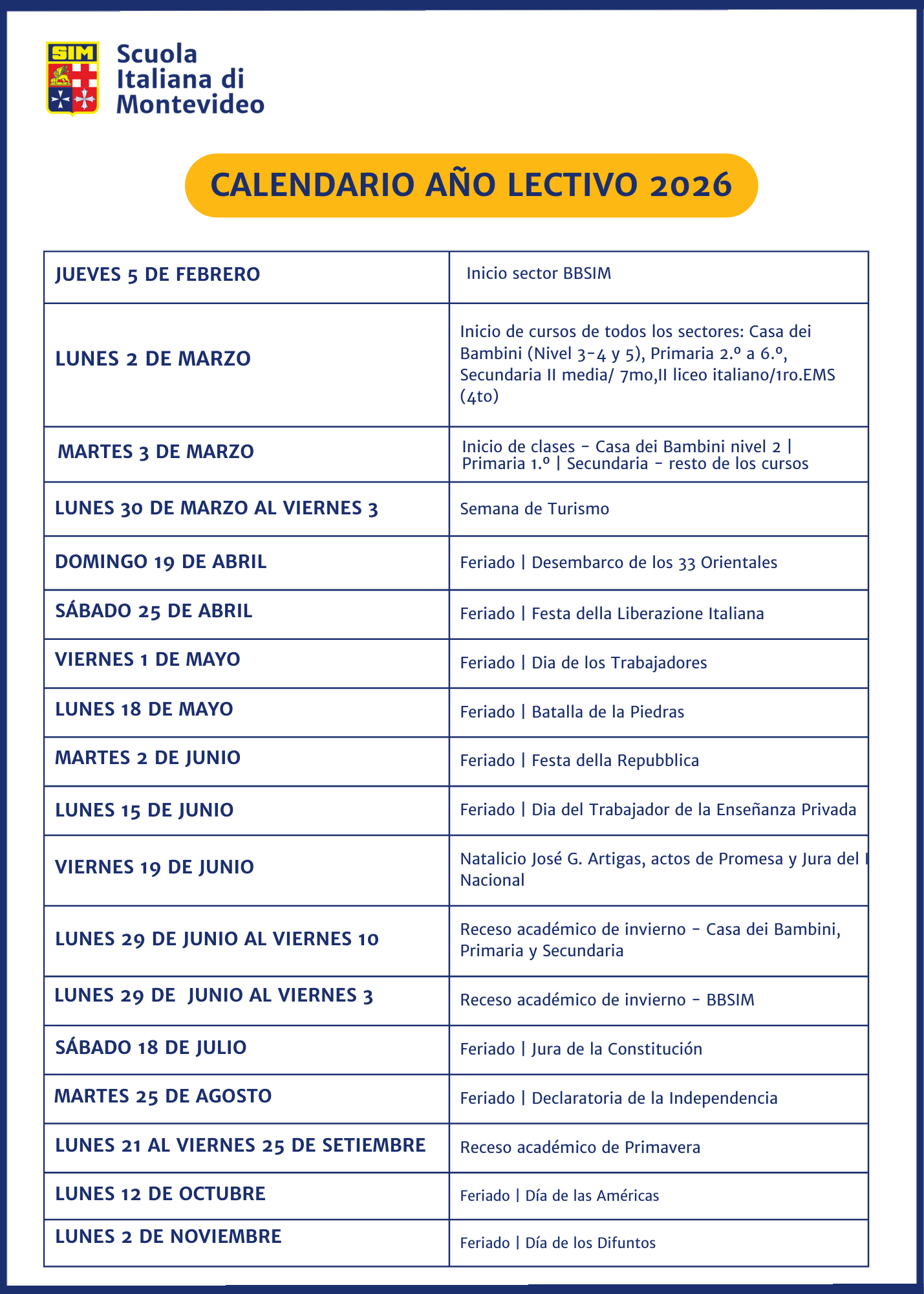calendario año lectivo 2026